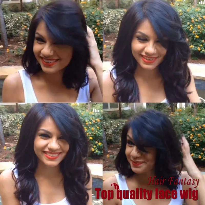 

Top Quality Heat Resistant Fiber 1B# Loose Wave Synthetic Lace Front wig with Side Bang for Black Women