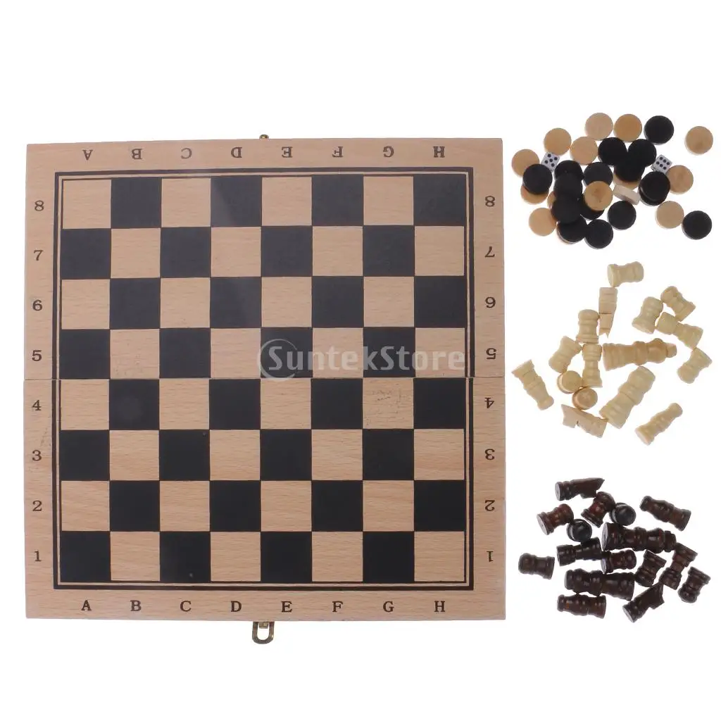 

3 in 1 Wooden Pieces Folding Board Chess Set Draughts Backgammon Game Toy