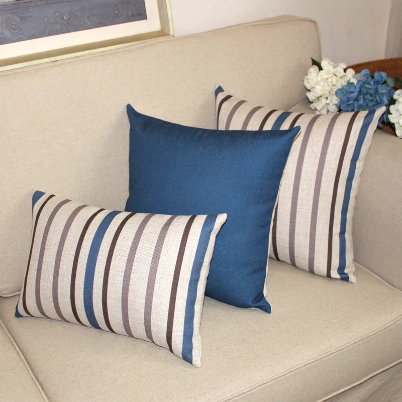 American Style Solid Stripe Cushion Covers Cotton Linen Pillow Cover