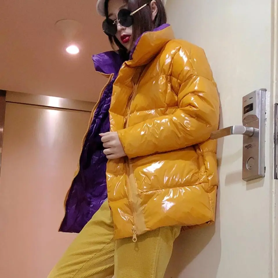 

2018 Winter fashion women's jacket glossy patent loose down cotton coat parkas padded warm coat female bread outerwear L1729