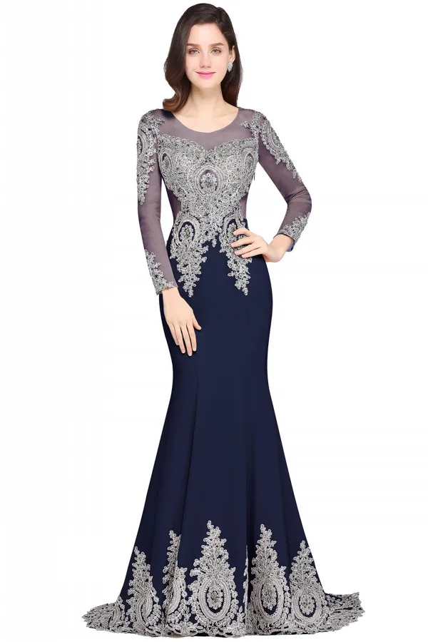 2019 New Sexy Evening Dresses Long Silver Lace Appliques Pink Navy Blue Mermaid Evening Gown Robes De Soiree Longue Formal Dress