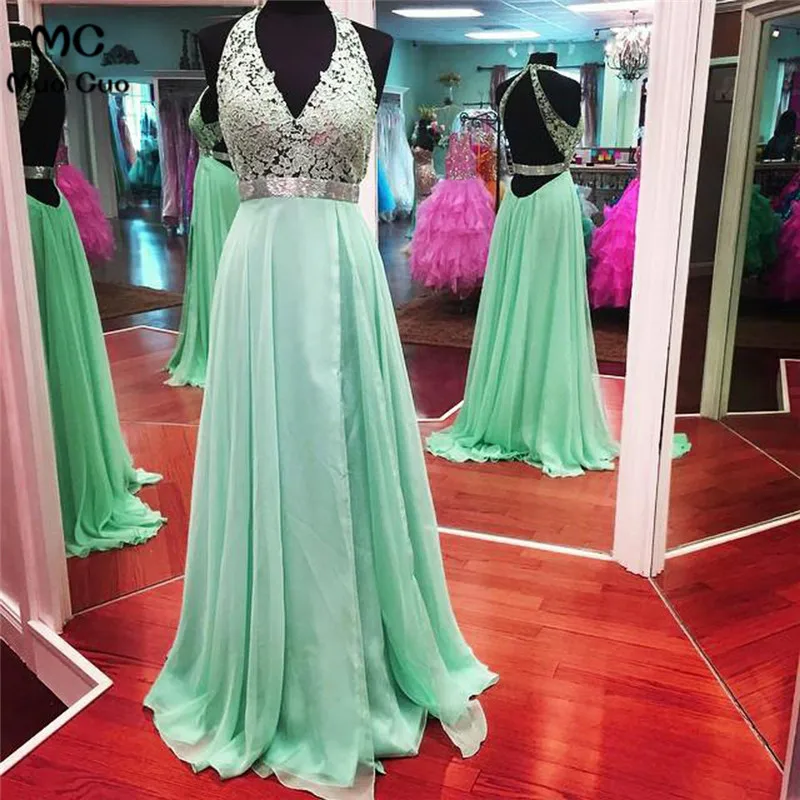 Elegant Lace Halter Top Long Chiffon Mint Green Prom Dresses 2017 Open Back