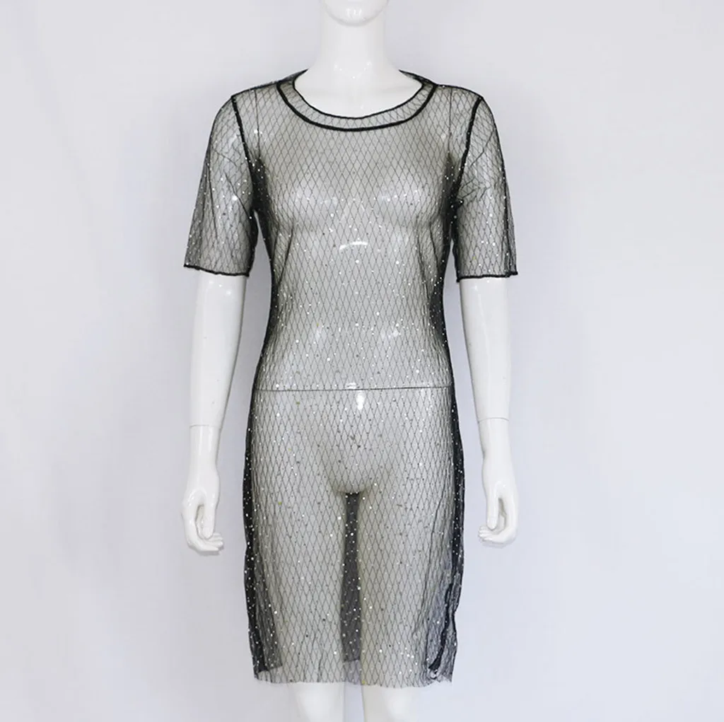 Платье, сексуальное платье для женщин, облегающее, с блестками, с коротким рукавом, одноцветное, с круглым вырезом, Прозрачное платье из прозрачной сетки