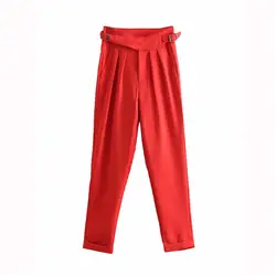 Для женщин модные красные брюки длиной до лодыжки высокая талия пояс, карманы женский 2019 повседневная одежда шаровары брюк pantalones
