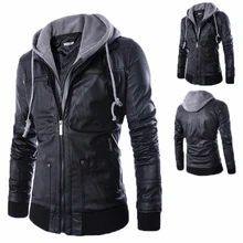 New Brand Quality Men Spring Autumn Motorcycle Black PU Casual Coats And Jackets with Detachable Hooded Slim Fit Male Coat