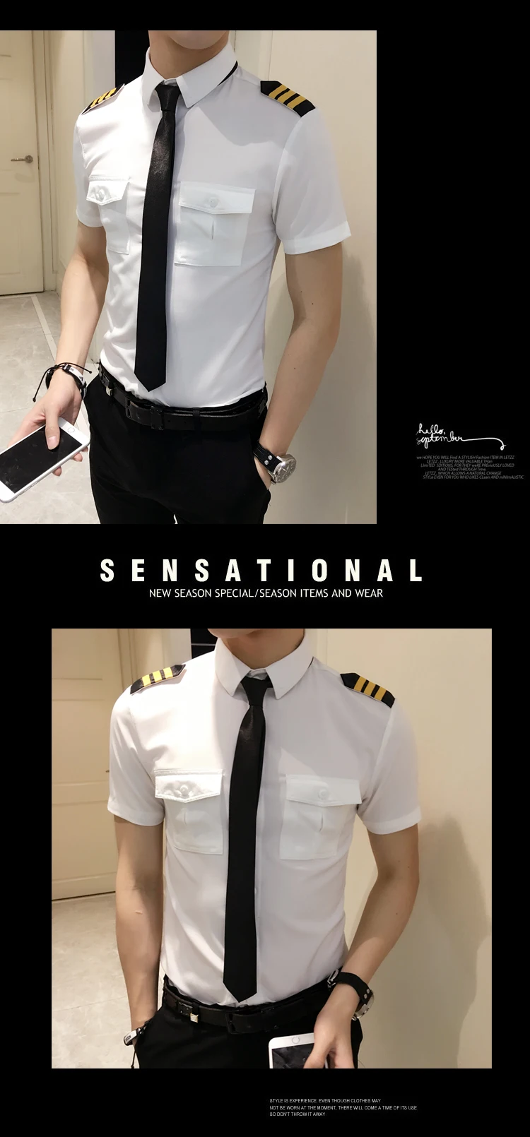 Новое поступление мужской короткий рукав белая авиакомпания форма пилота стилист моды тонкий Fit Черный Спецодежда большого размера мужские одежды