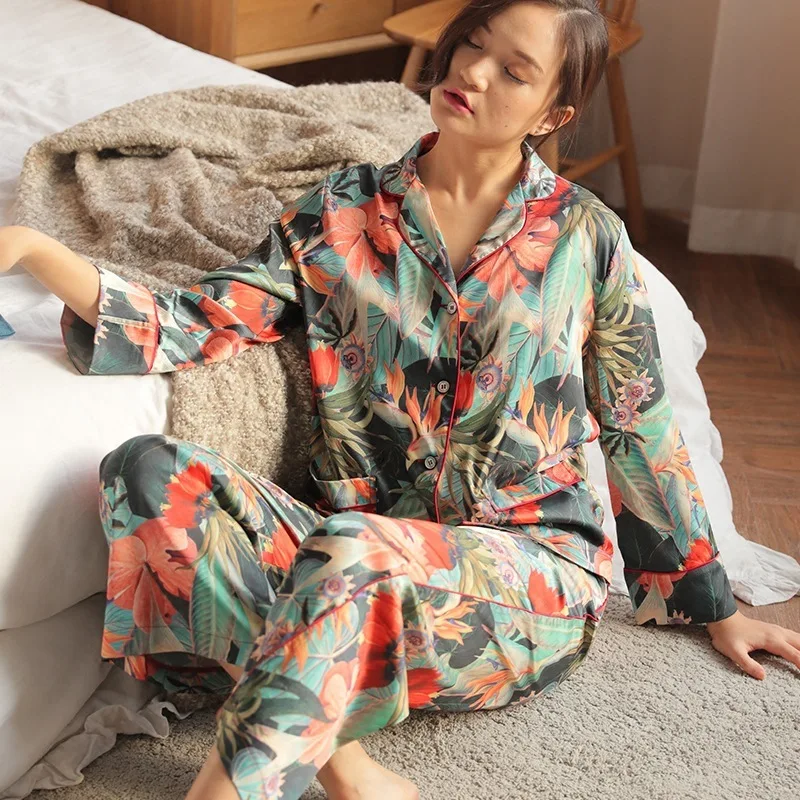 RenYvtil, роскошная Пижама, женская, новинка, весна, осень, стежка, яркий принт, пижама, набор, шелковое ночное белье, пижама, Feminino, подиумная верхняя одежда