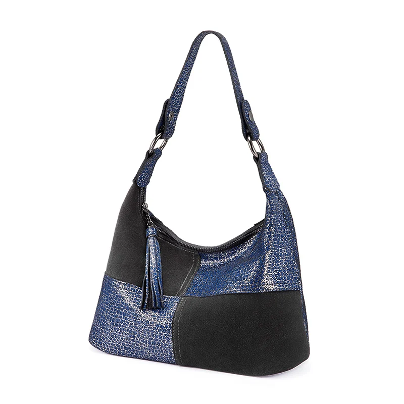 REALER Женская сумка Хобо, сумка из натуральной кожи для женщин, Лоскутная сумка через плечо с кисточкой, роскошная дизайнерская сумочка - Цвет: Синий
