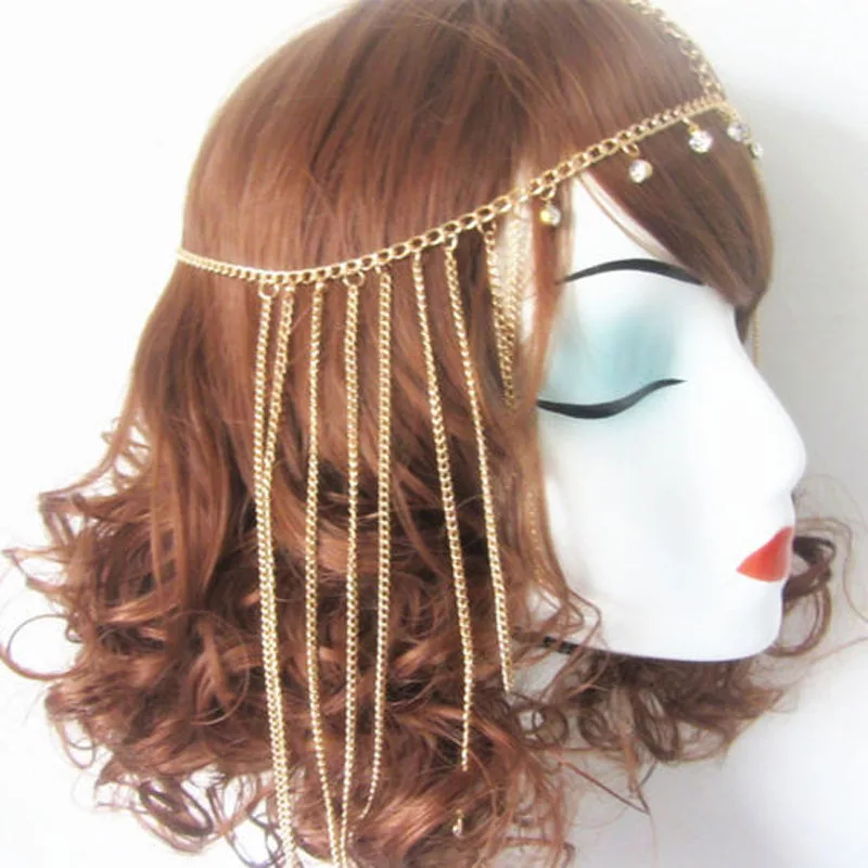 1PC New Rhinestone Tassel Forehead Bohemian Hair Head Side Wave Chain