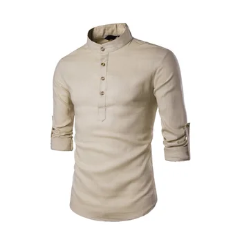 

High Quality 2019 Spring Brand Men`S Linen Cotton Blended Shirt Mandarin Collar Breathable Comfy Traditional Style Popover Large