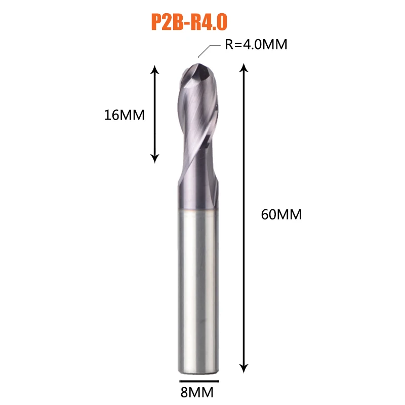 1 шт. торцевая фреза с шариковым концом 2 флейты R0.5-R6.0 фрезерный станок с ЧПУ для обработки металлических граней и пазов hrc50 концевые фрезы с покрытием - Длина режущей кромки: 1PC-P2B-R4.0