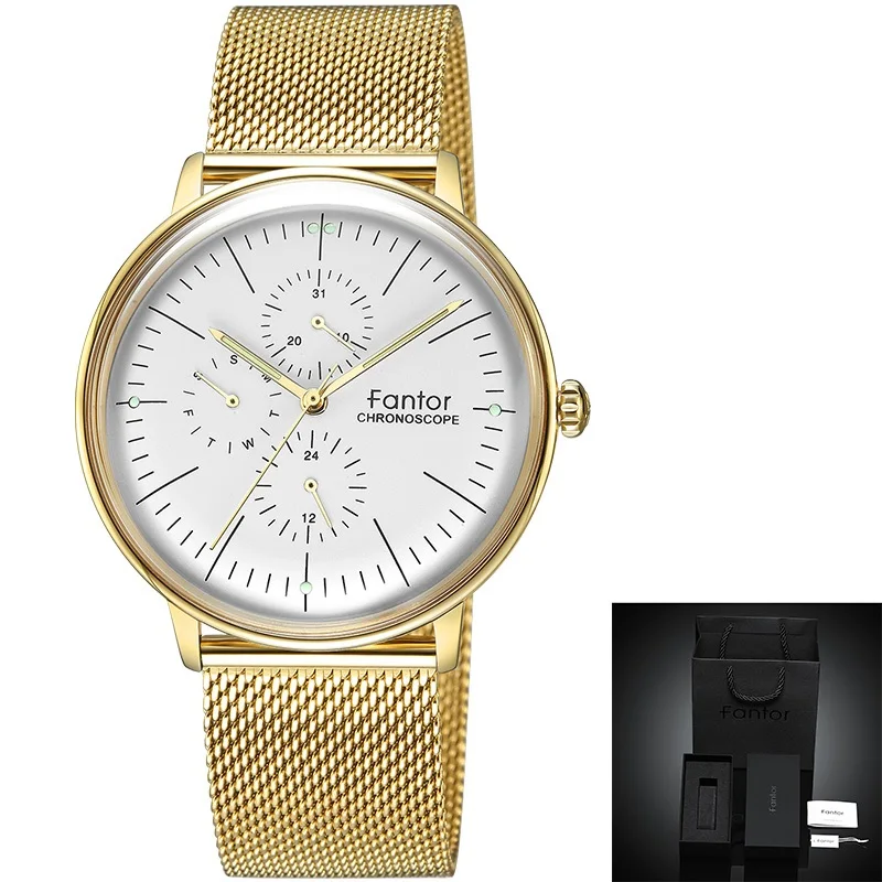 Fantor Роскошный топ бренд мужские s часы Мужские кварцевые часы водонепроницаемые часы изогнутые сетчатые латунные Высококачественные золотые наручные часы - Цвет: WF1004G03