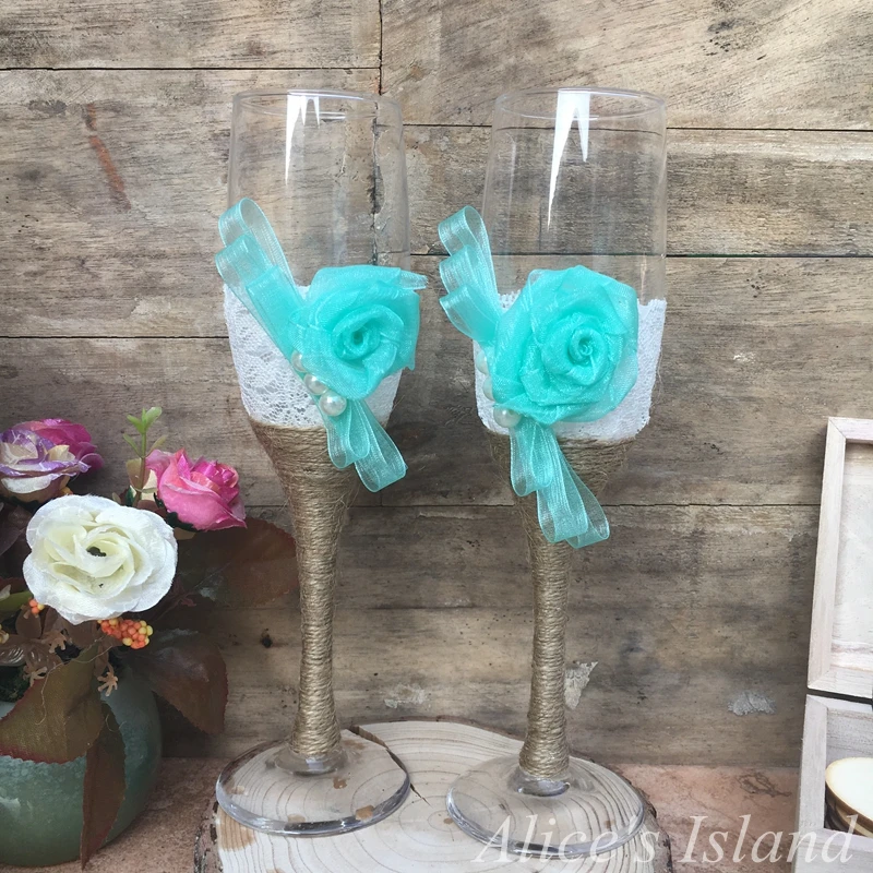 2 sets 4pcs Wedding Glasses Champagne Toasting Flutes Customized Burlap Lace Rustic Favor Gift | Дом и сад
