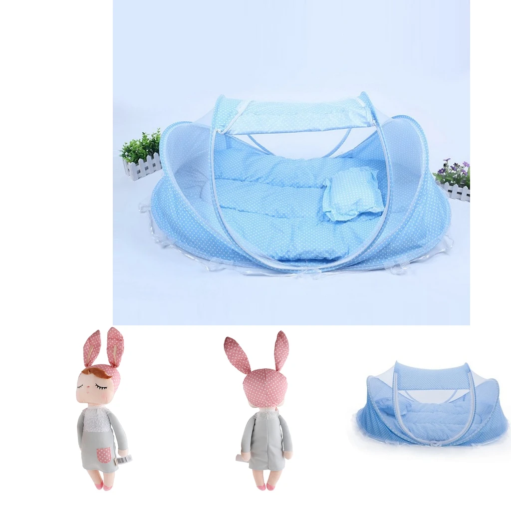 Portable Foldable Baby Travel Bed Crib Cradle Play Shades Mosquito Sleeping Tent + Girls' Plush Toys