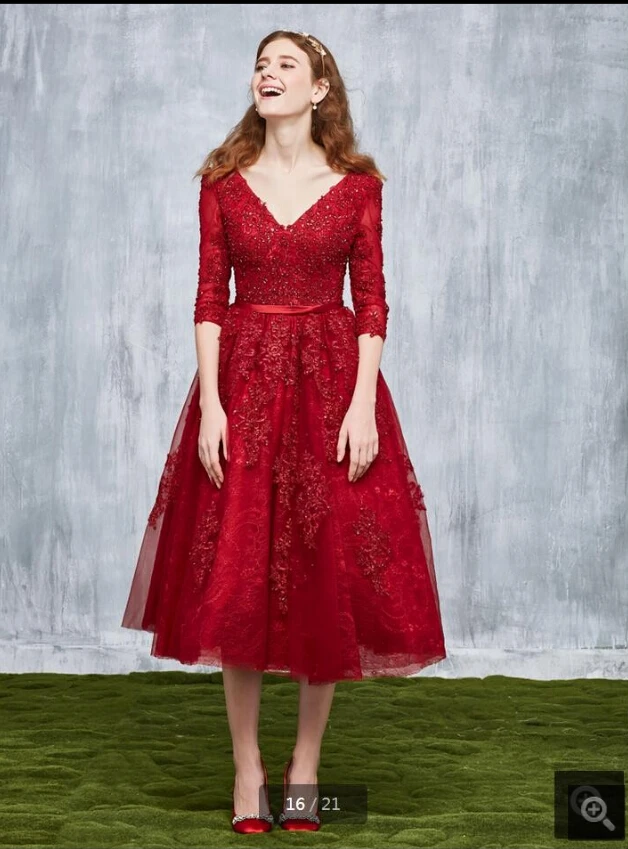 Robe de soiree, новинка, ТРАПЕЦИЕВИДНОЕ платье длиной до середины икры, винное кружевное платье с аппликацией, платье для выпускного вечера с v-образным вырезом и поясом, короткие платья для маленьких девочек, горячая Распродажа