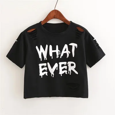 Повседневная Свободная футболка, футболка с дырками и английским алфавитом, модные сексуальные футболки K-POP, летние футболки, топы для женщин, укороченный топ - Цвет: Черный