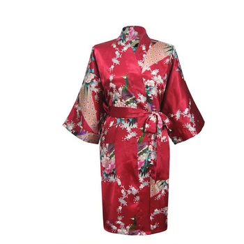 

Wine Red Chinese Bridesmaid Wedding Robe Faux Silk Kimono Gown Printed Nightgown Sleepwear Flower S M L XL XXL XXXL D125-03