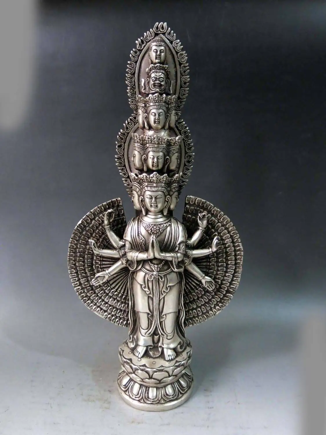 

16" China silver carved fine Buddhism Thousands Hands Guanyin buddha Statue