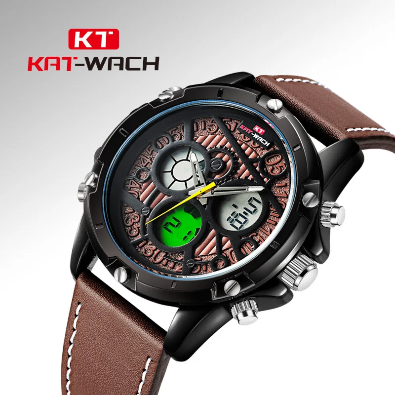 

kat-wach brand mens wristwatches digital genuine leather man watches Multifunction waterproof calendar week alarm male clocks
