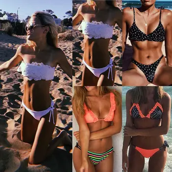 

Summer Women Padded Swimwear Black Swimsuit Ladies Sexy Beachwear Push Up Bikini Set Ruffle Bathing Suit