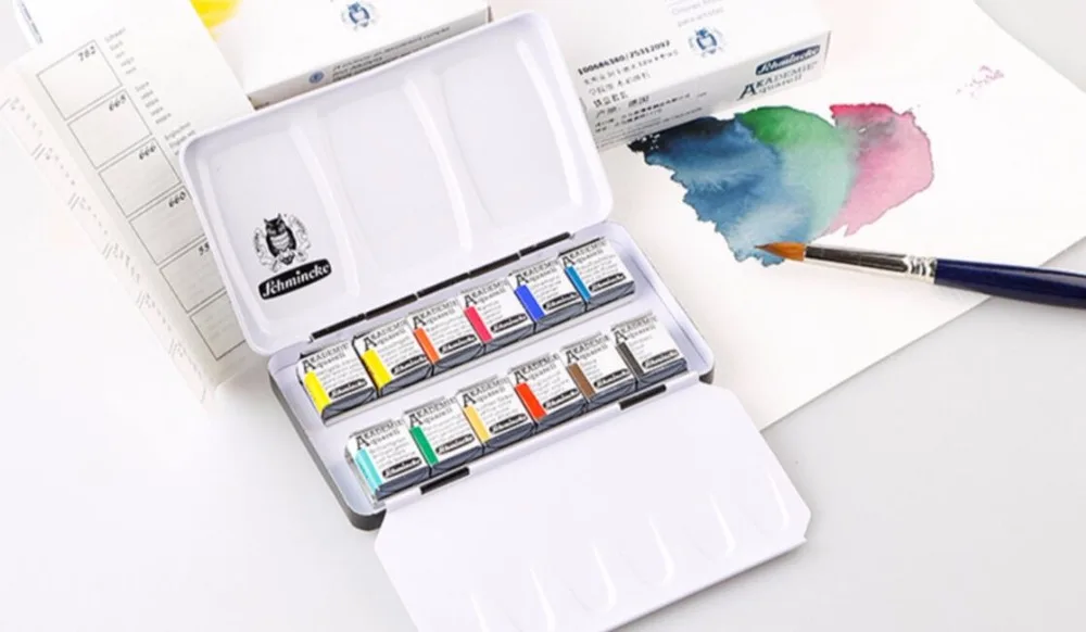 Schmincke Academie Aquarell полуподдон для красок металлический компактный набор с кистью, набор из 12 цветов