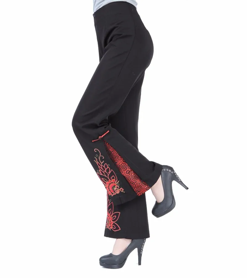 Весна осень черные китайские женские расклешенные брюки традиционные брюки с вышивкой цветок плюс размер S M L XL XXL XXXL 4XL 2991-1