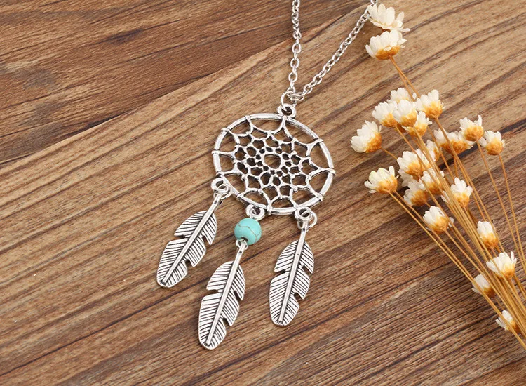 Queen Area Dream Catcher Necklace Fish Pendant Dangling Feather Tassel Bead Charm Chain Jewelry for Women 