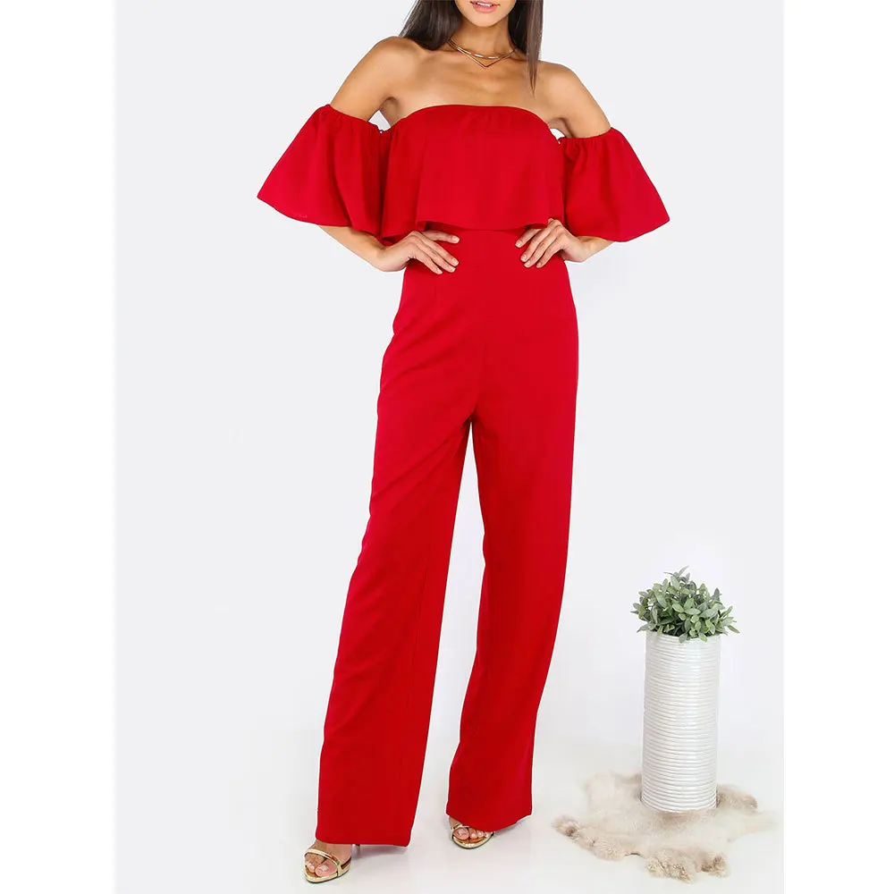 Sexy Women Red Bandeau Jumpsuits Summer Strapless Flare Sleeve Ruffles