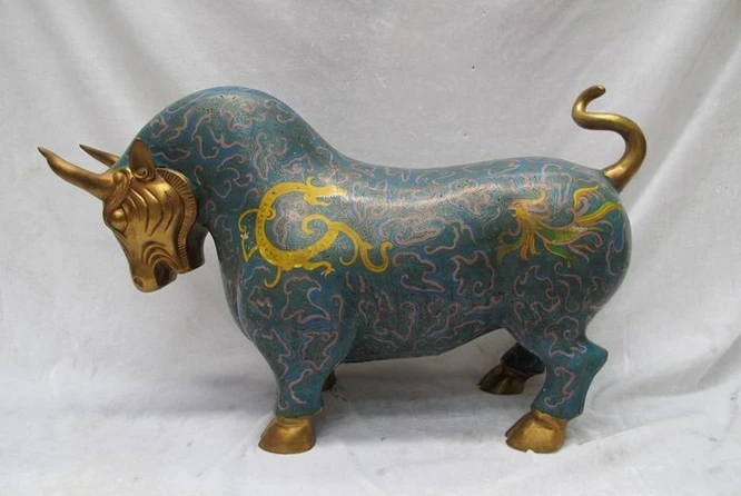 

xd 001426 China Regius Royal 100% Bronze cloisonne Dragon Phoenix ox bull Animal statue