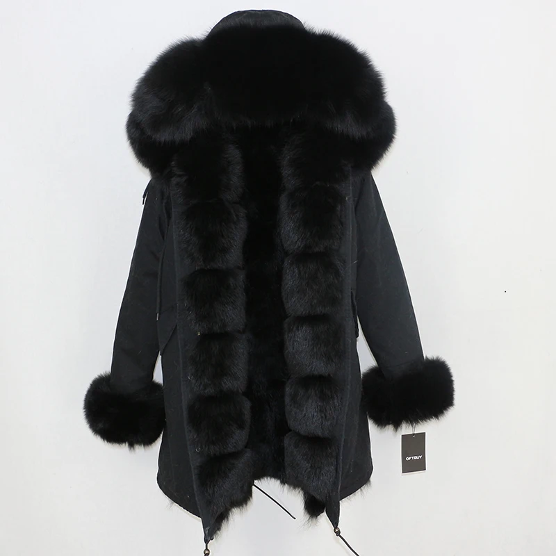 OFTBUY, длинная парка, зимняя куртка для женщин, натуральный Лисий мех енота, пальто с воротником, толстая теплая верхняя одежда, уличная одежда, съемная - Цвет: full black
