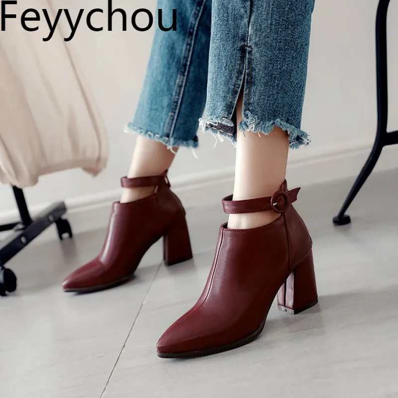 

Women Boots Autumn Winter High Heel Warm Pu Pointed Toe Zip Ankle Buckle Chelsea Shoes 2018 Sexy New Fashion Beige Red Size34-47