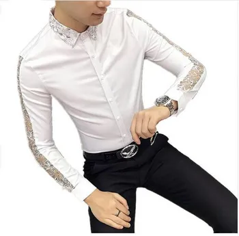 

Loldeal Autumn Mens Lace Shirt Black and White Long Sleeve Mens See Through Transparent Shirt Sexy Party Wedding Club Shirt