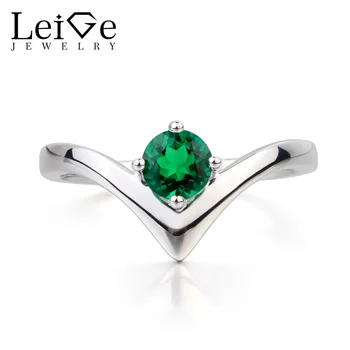 

Leige Jewelry Emerald Ring Engagement Ring May Birthstone Round Cut Green Gems Solid 925 Sterling Silver Ring Gifts for Her