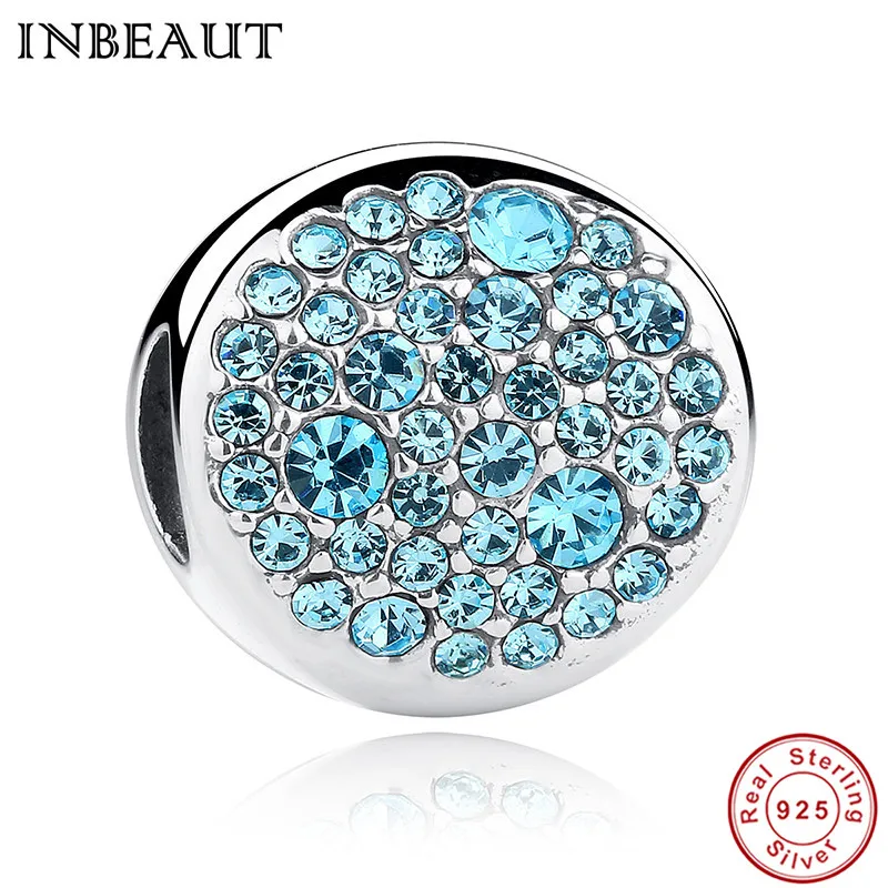 

INBEAUT Women Clear CZ DIY Charms 925 Sterling Silver Ocean Blue Zircon Stone Core Beads fit Original Bracelet Wedding Jewelry