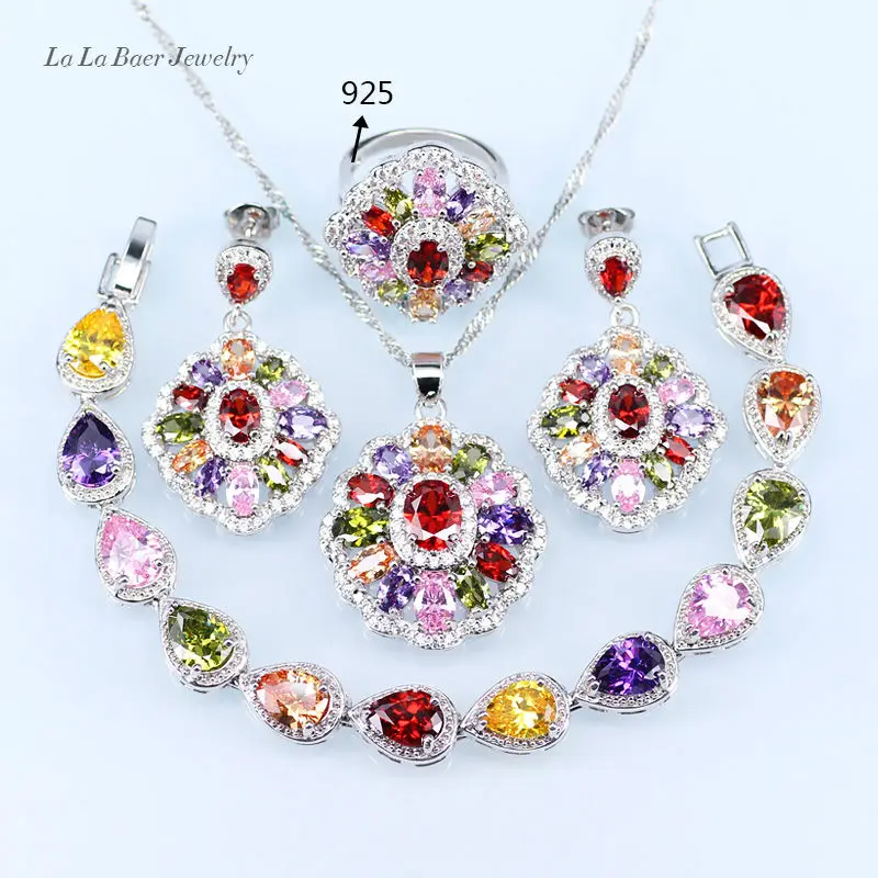 

L&B Multi Rhinestone 925 logo Jewelry Sets For Women silver color Crystal Wedding Bracelet/Pendant/Necklace/Earrings/Ring