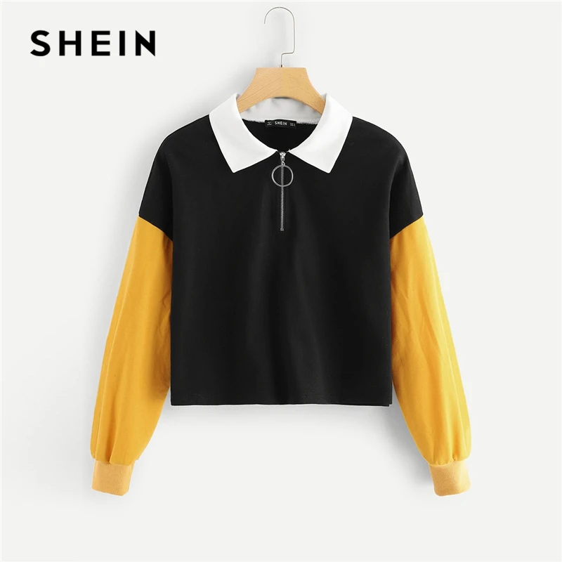  SHEIN Multicolor Casual Colorblock O-Ring Zip Half Placket Colorblock Sweatshirt Autumn Minimalist 