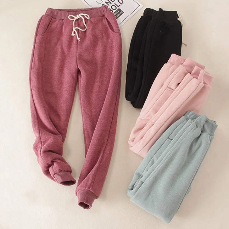 

2019 Winter Thick Velvet Sweatpants Women Solid Sports Drawstring Pants Gym Fleece Trousers Workout Casual Loose Plus Size 2XL
