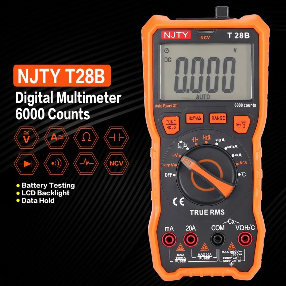 

T28B Digital Multimeter DC/AC Voltage Current Meter Mini Ammeter Ohm Diode NCV Tester True RMS 6000 Counts Multitester