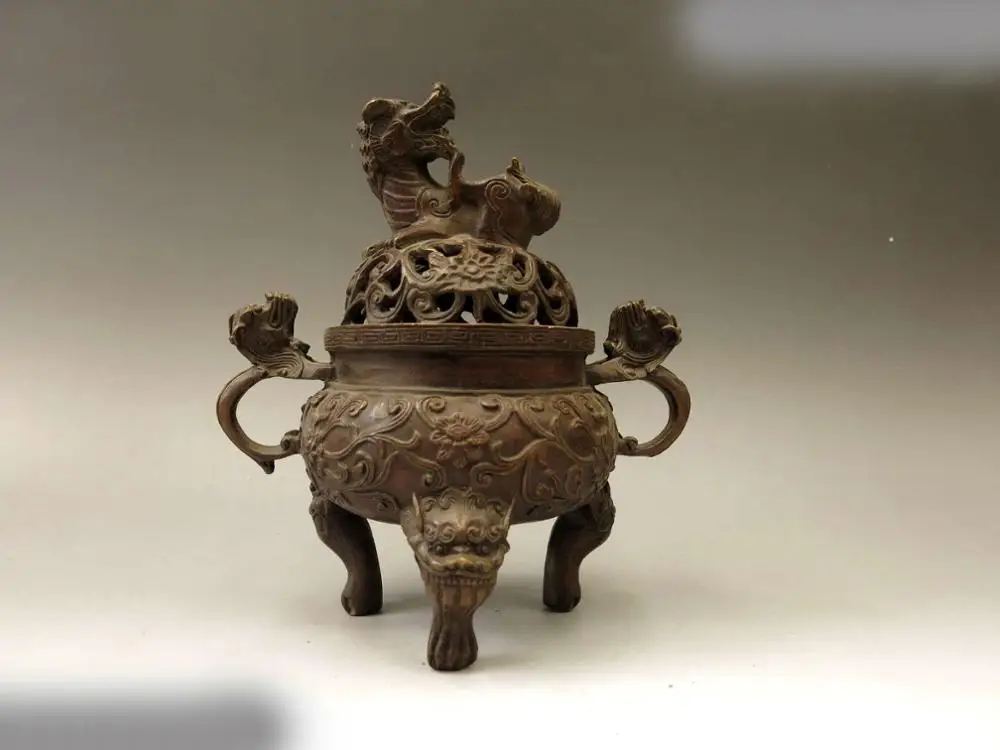 

DS China bronze censer carved fine copper Six Foo Dogs Lion Incense Burner Statue