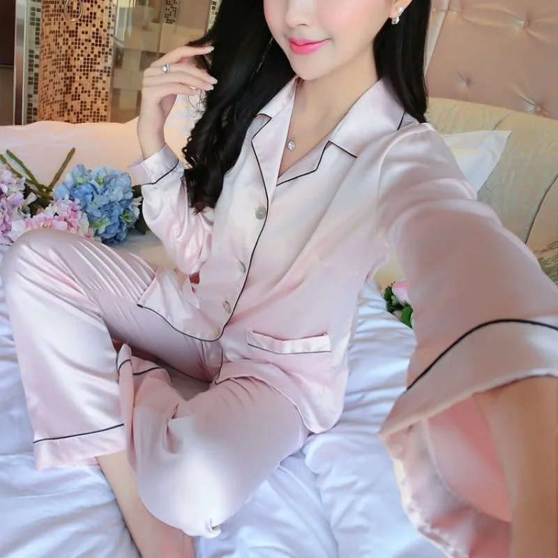 Женские шелковые наборы из сатина пары с длинными рукавами пижамы Домашняя одежда Новинка