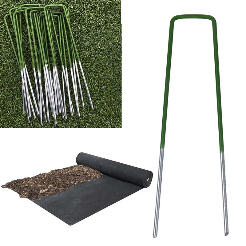 10pcs Half Green Artificial Grass Turf U Pins Metal Galvanised Pegs Staple Weed Garden Hot-dip Galvanizing Gardening Accessories