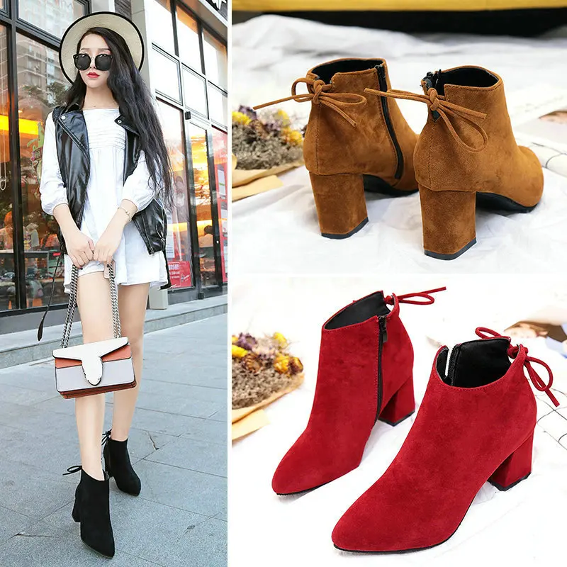 

2019 Women Ankle Boots Flock Leather Autumn Winter Pointed Toe Square Heels Boots Women Size 34-45 Boots