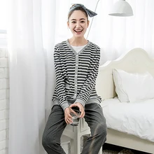 Autumn Winter Maternity Nursing Pajamas For Women Clothes Home Suit Striped 3 Pcs Cotton Maternity Nightgown Nursing 60M0098