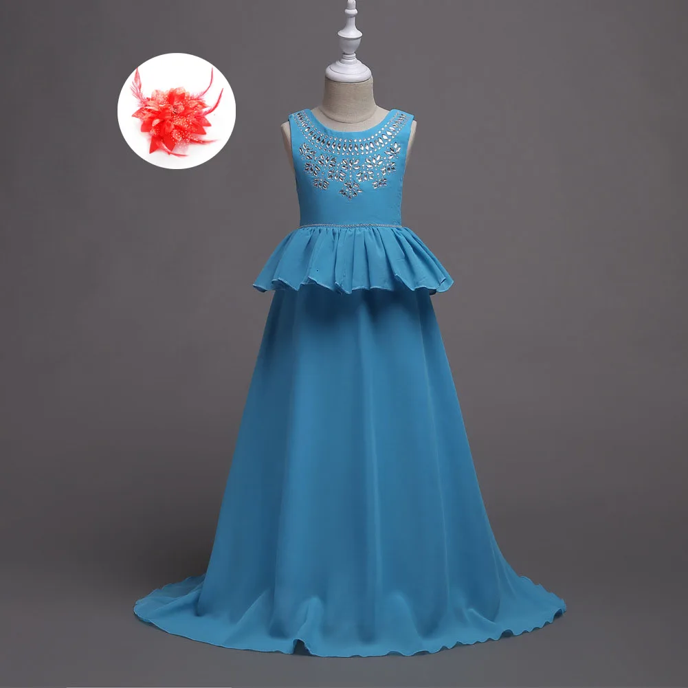 6 до 16 лет платье принцессы для девочек праздничная одежда Плиссированное шифоновое платье Дети синий и красный цвета Deep Purple шифон платье Макси Вечерние свадебные платья - Цвет: sky blue
