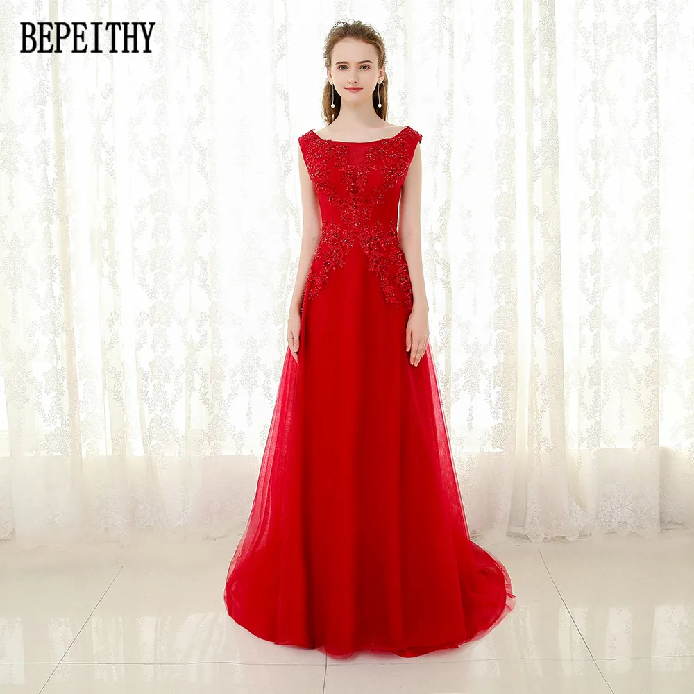 

BEPEITHY New Design Vestido De Festa Scoop Tulle Appliques Beads Ladies Party Gown Long Evening Dresses 2019