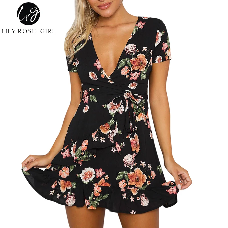 Black Mini Dress In Blue Flower Print