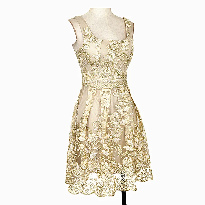 Винтажное кружевное платье женское тонкое летнее платье с квадратным вырезом тонкое сексуальное платье с вышивкой в стиле рокабилли Золотое вечернее платье