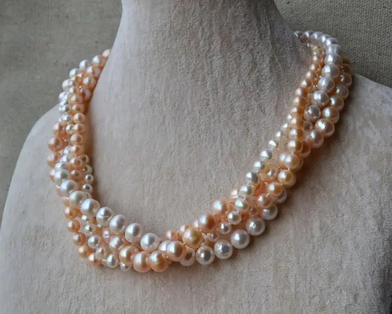 

Elegant Flower Girl Pearl Necklace,18inches 6-9mm White Pink Color Mixes Real Freshwater Pearl Necklace