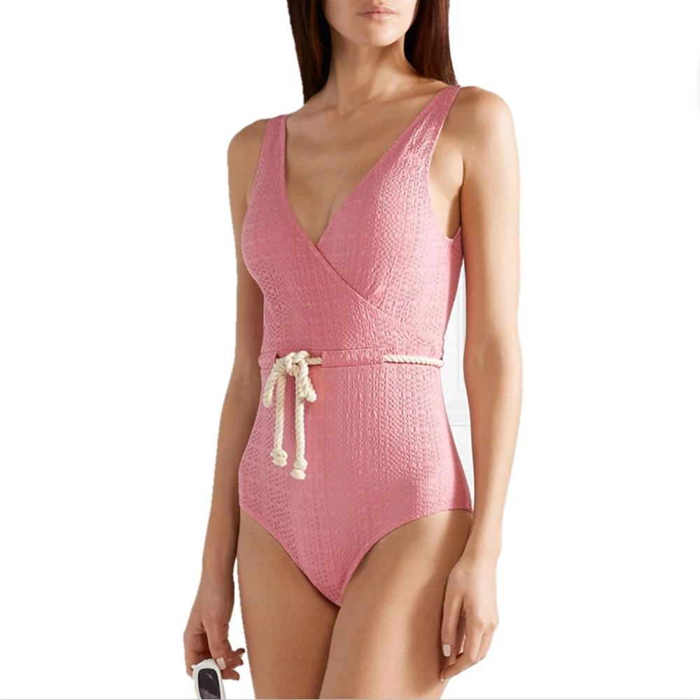 

Hot New Solid One Piece Swimwear with Belt Deep V Backless Bathing Suit Padded Monokini Swimsuit Pink White Bodysuit Biquini