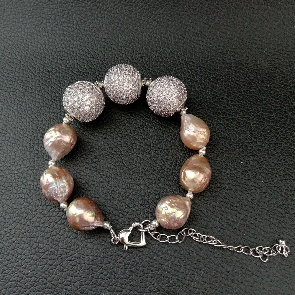 

8" Natural Purple keshi Pearl Cz pave Bead Bracelet